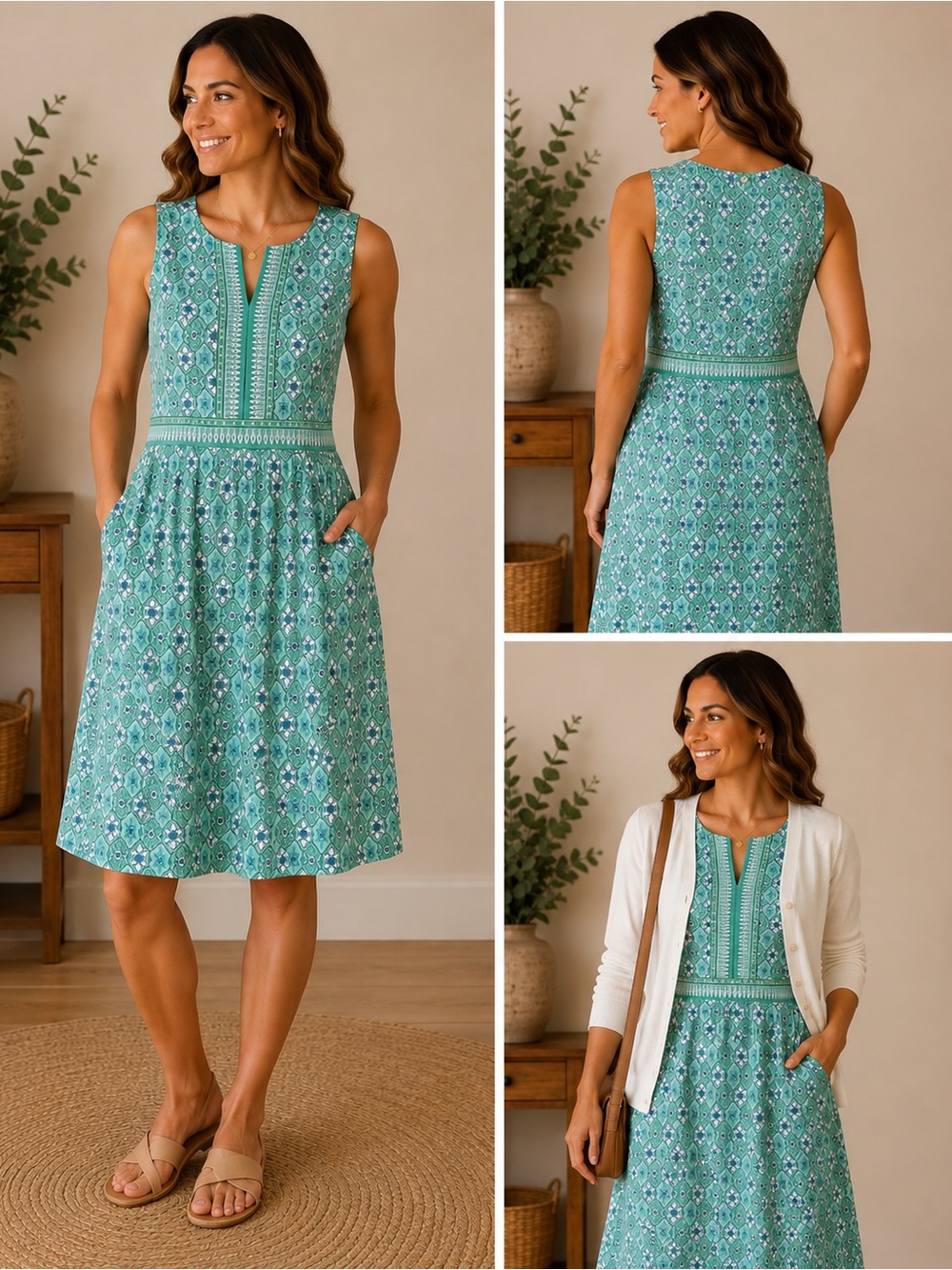 Talbots Women’s Green Tile Medallion Print Midi Sheath Dress Lrg